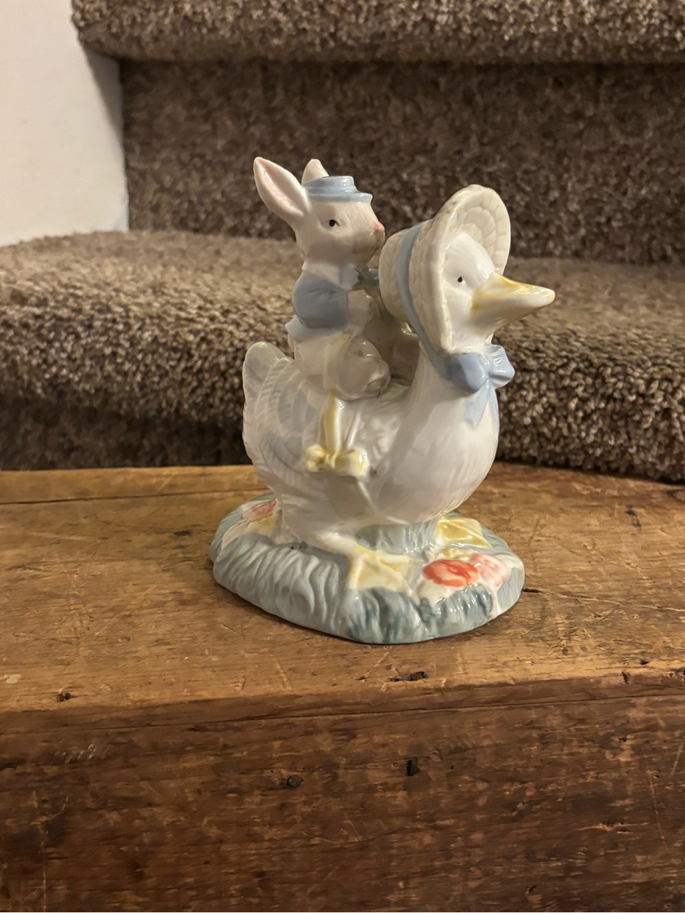 Pastel Bunny Riding Duck Porcelain Figurine - White and Light Blue